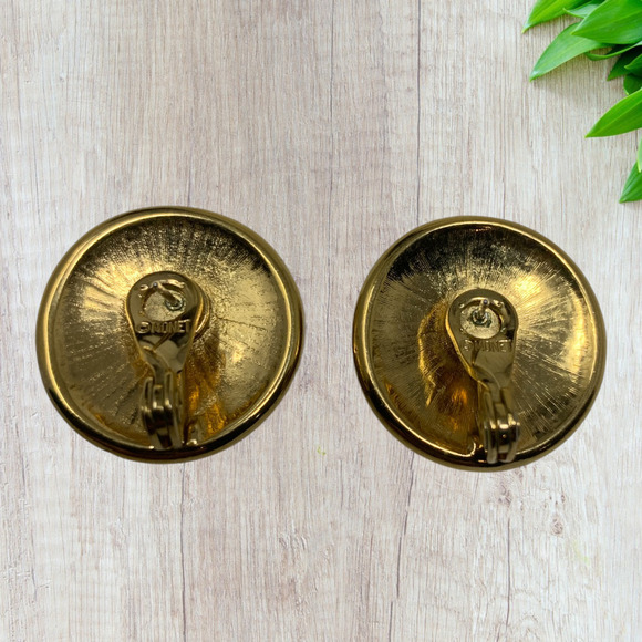 Vintage 1980's Monet Modernist Earrings Pierced Gold Tone Red Enamel New Wave - Picture 2 of 6